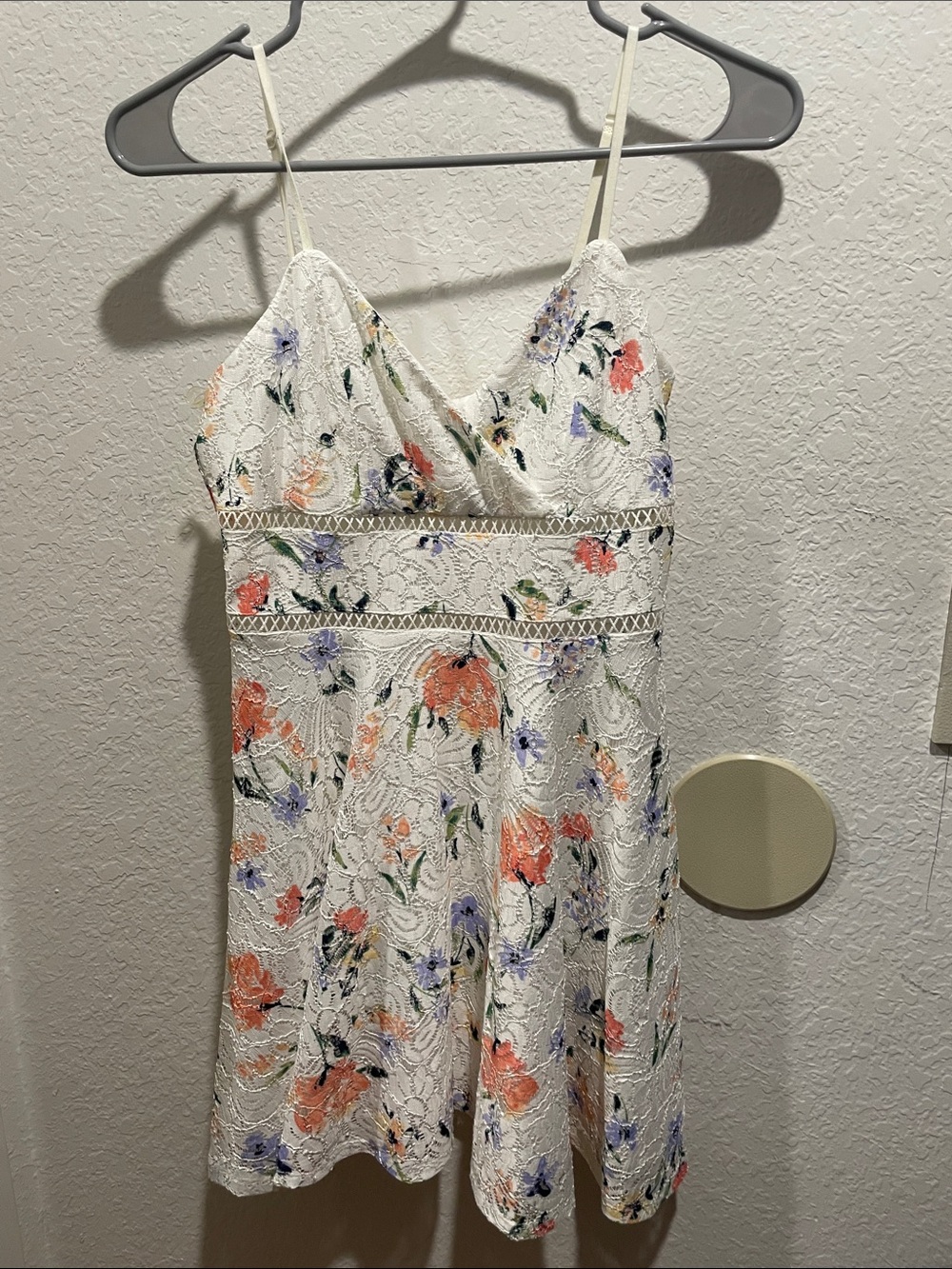 Francesca's Collections White Lace Mini Dress with Coral & Lavender Floral Print